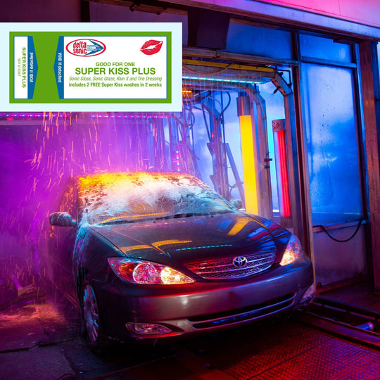Car going through Delta Sonic car wash receiving Super Kiss Plus with Super Kiss Plus ticket overlaid on image.