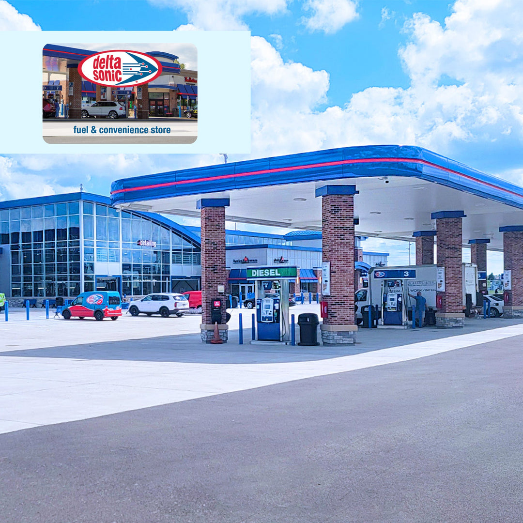 Delta Sonic fuel and convenience store gift card laid over image of Delta Sonic gas island