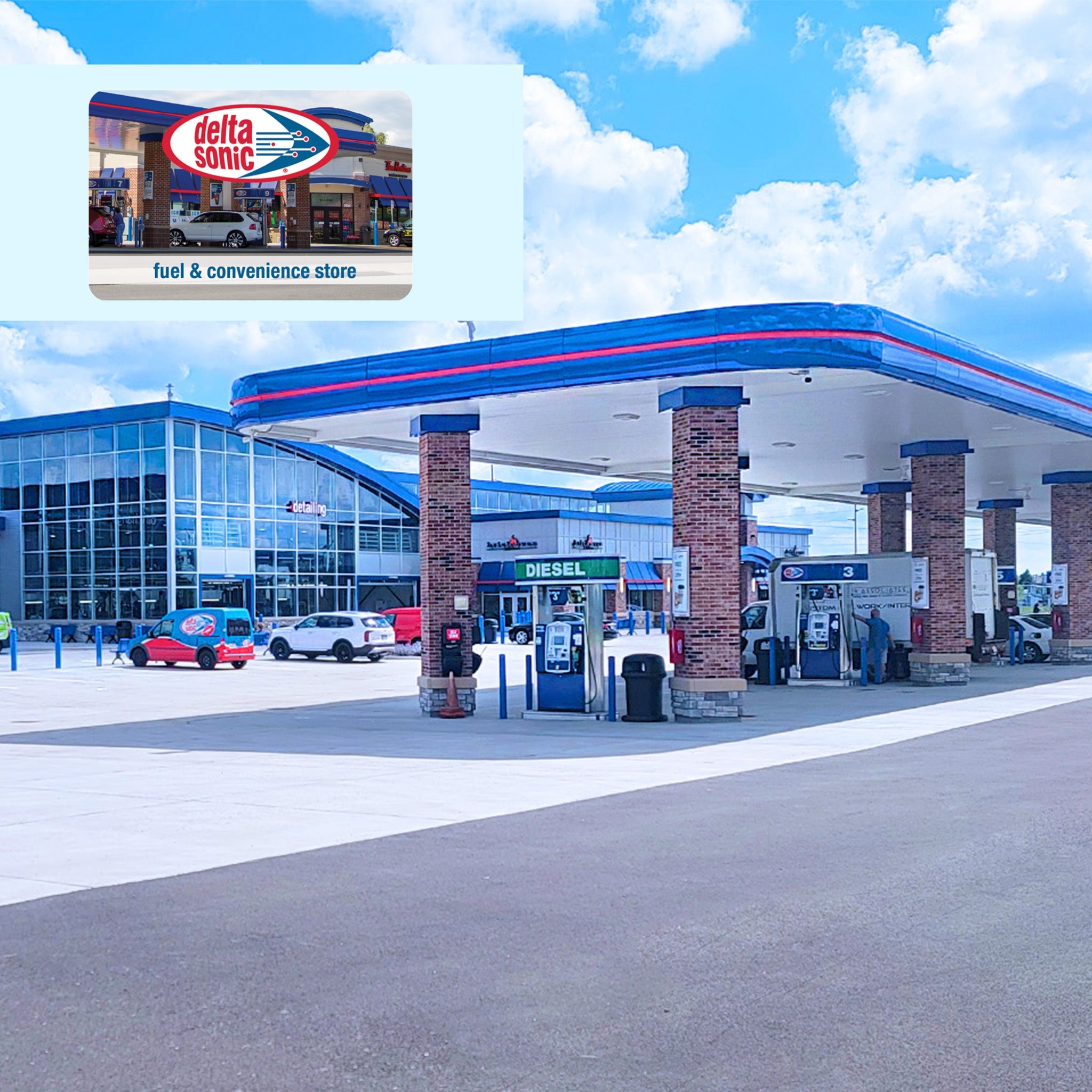 Delta Sonic fuel and convenience store gift card laid over image of Delta Sonic gas island