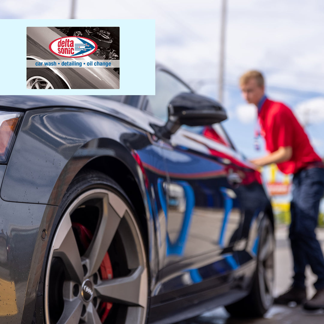 Image of Delta Sonic gift card over picture of Delta Sonic employee drying car