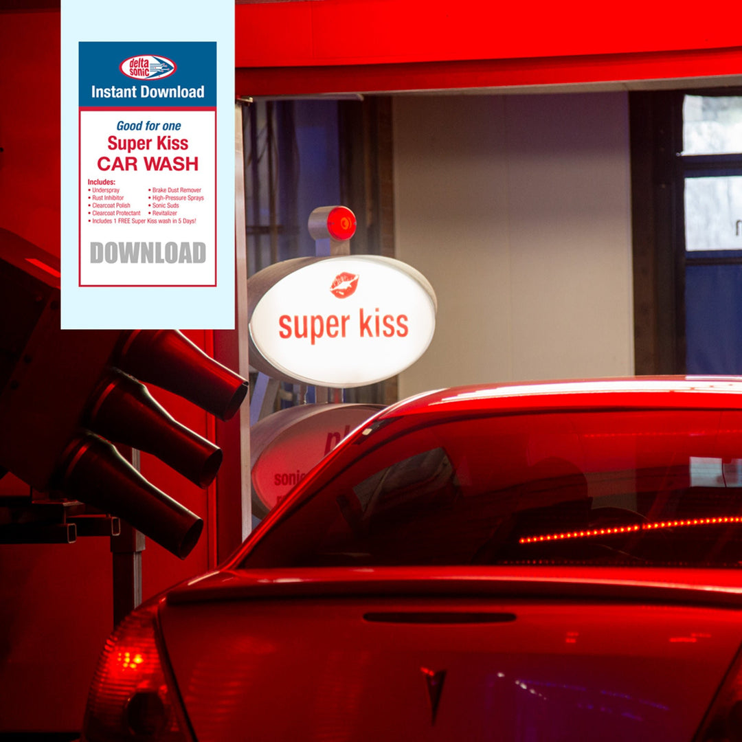 Image of Delta Sonic's downloadable Super Kiss ticket over image of car receiving Super Kiss car wash service.
